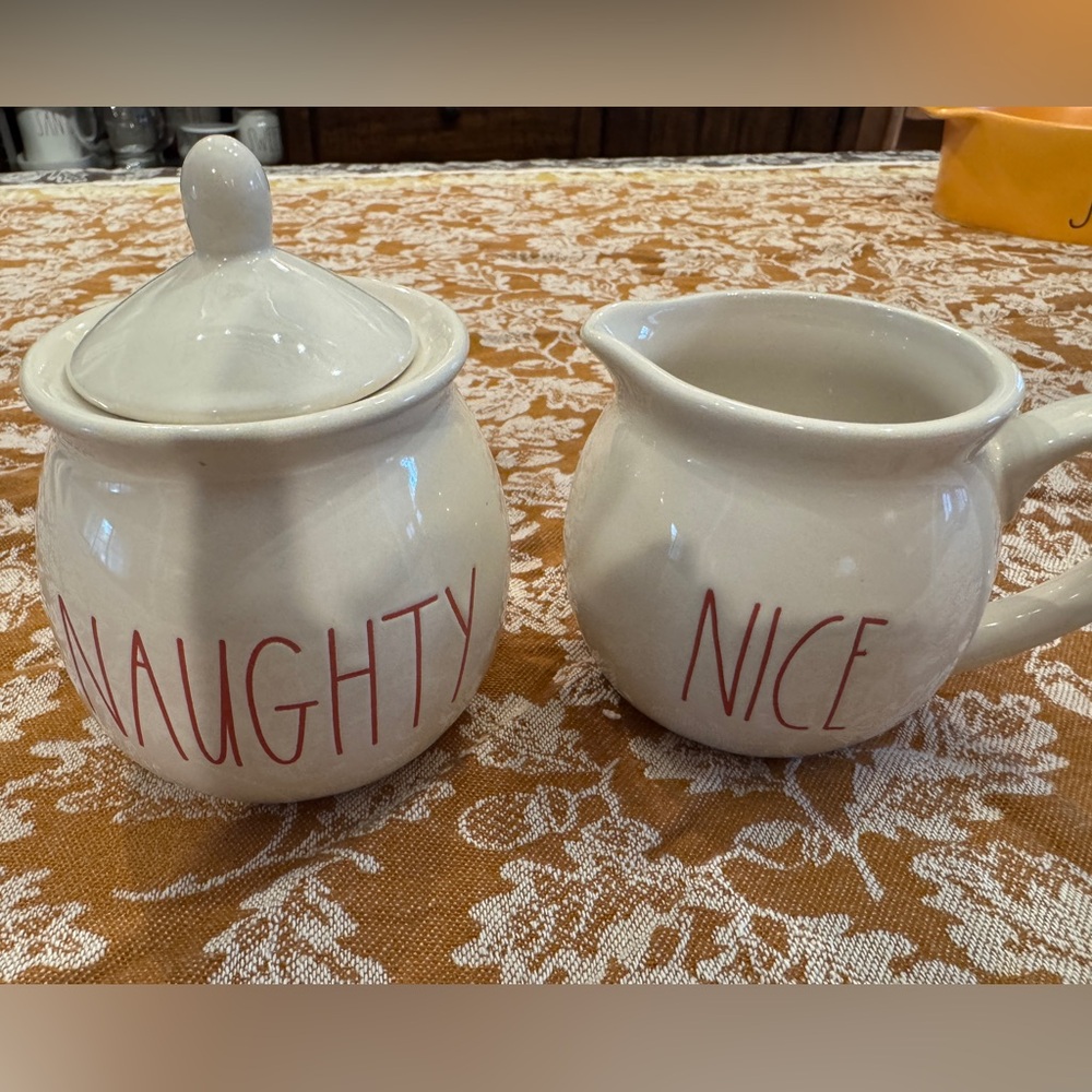 Rae Dunn Naughty and Nice Cream and Sugar Set - White and Red